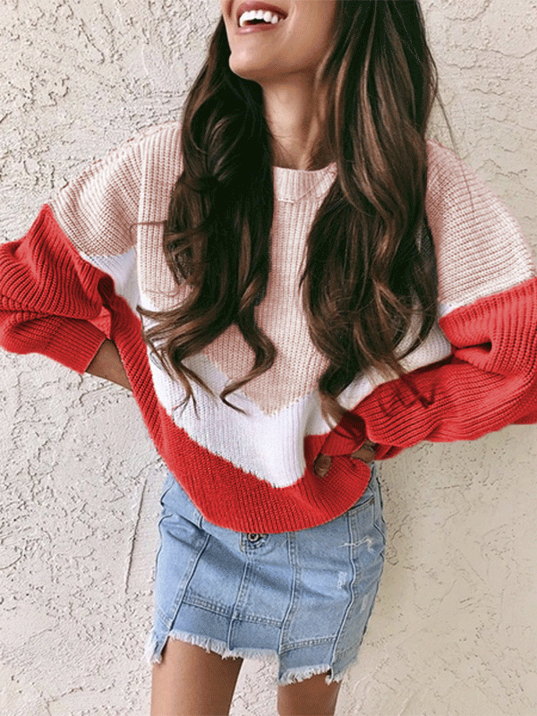 Crewneck Long Sleeve Contrast Color Sweater