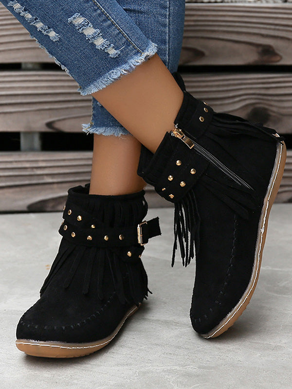 Vintage  Studded Fringe Buckle Boots