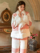 Flannel Lace Cami Top & Pants Robe Pajama Set