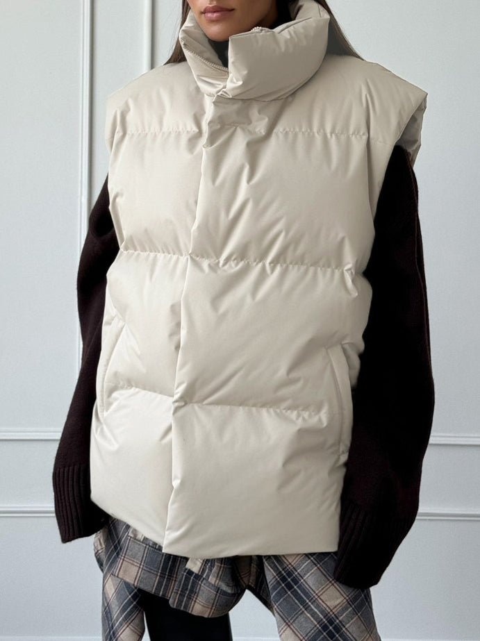 Lapel Solid Color Puffer Vest Jacket