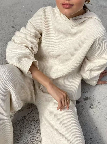 Ribbed Knit Solid Hooded Set