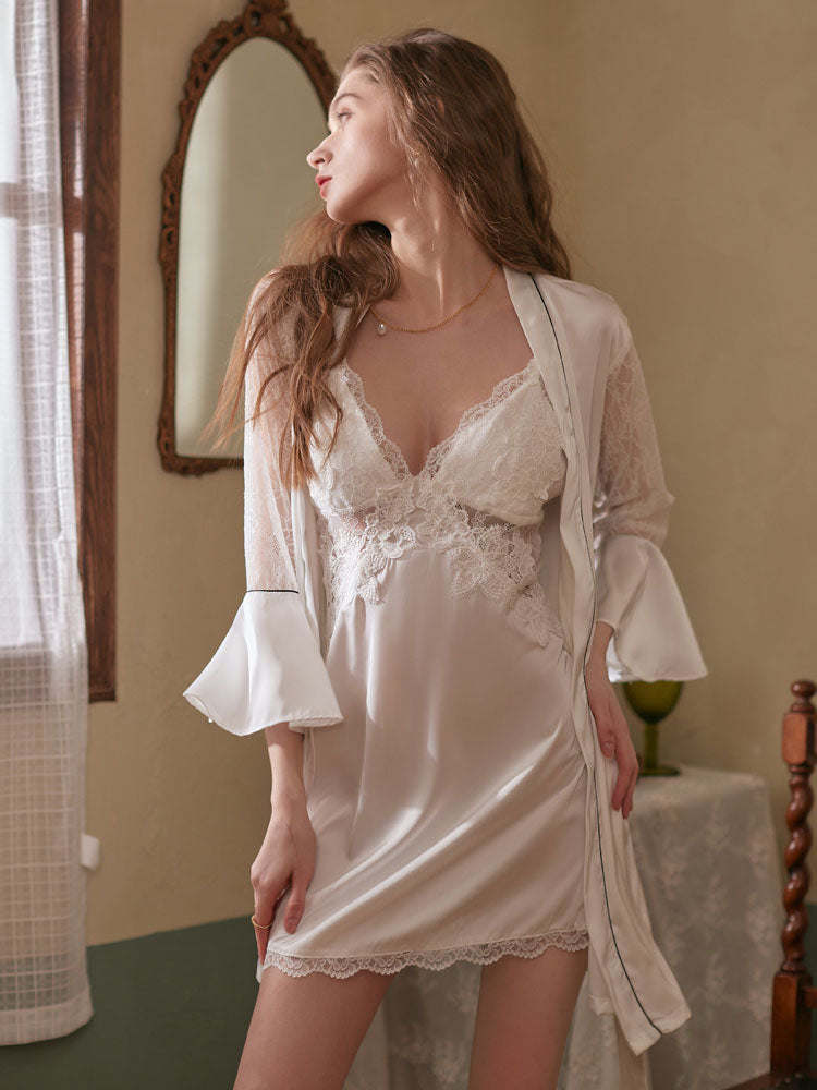 Satin Lace Backless Nightgown Set