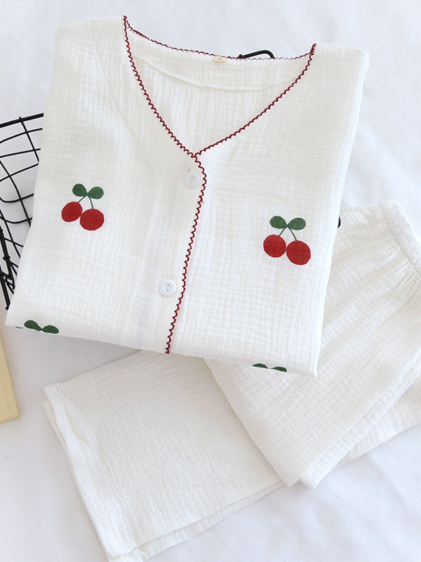 Cotton V Neck Cherry Print Pajama Set