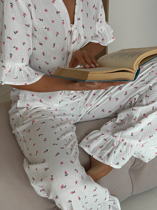 Ruffled Sleeves Print Pajama Set
