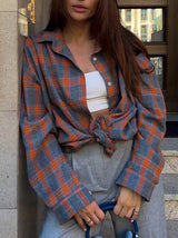 Lapel Long Sleeve Color Block Plaid Shirt