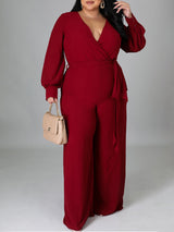 V Neck Solid Color Tie Up Jumpsuits