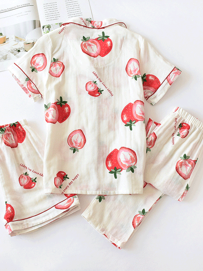 Cotton Three Pieces Fruit Printed Pajama Set