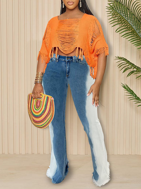 Bicolor Tassel Flare Denim Long Pants