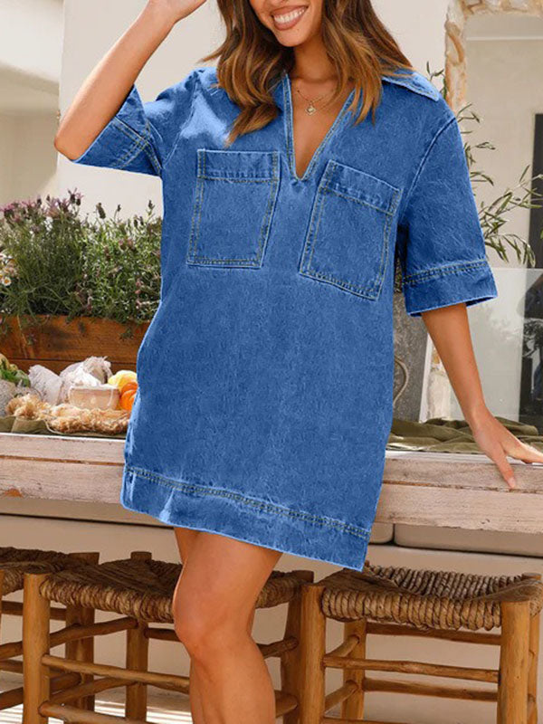 Denim V Neck Collar Mini Dress