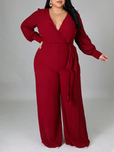 V Neck Solid Color Tie Up Jumpsuits