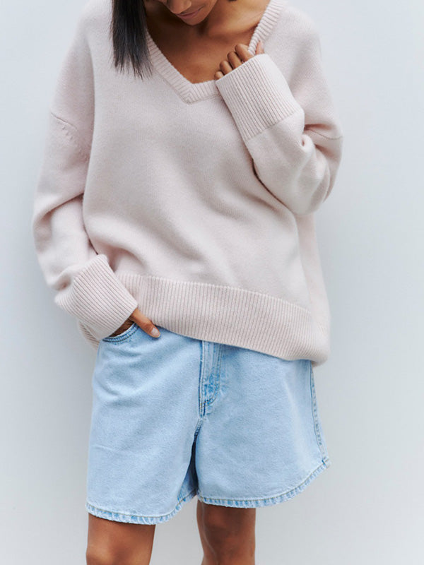V Neck Solid Color Basic Sweater