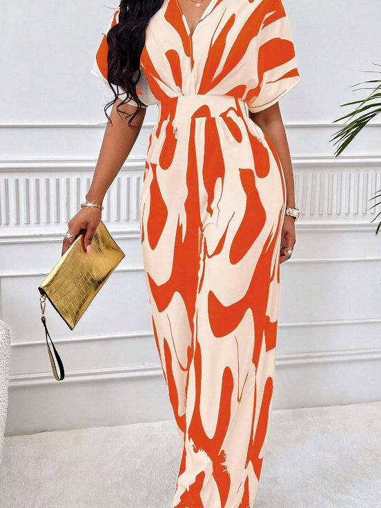 Printed High Waist V Neck Jumpsuits