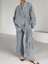 Stripe Printed Tie Long Pants Set