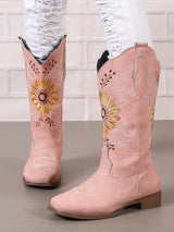 Vintage Embroidered Block Heel Mid-Calf Boots