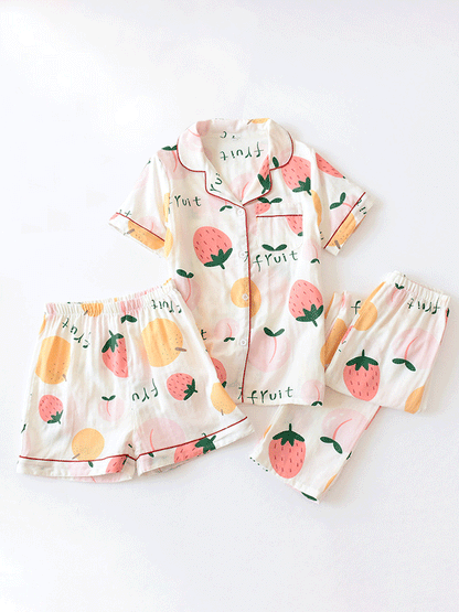 Cotton Three Pieces Fruit Printed Pajama Set