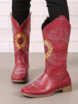 Vintage Embroidered Block Heel Mid-Calf Boots