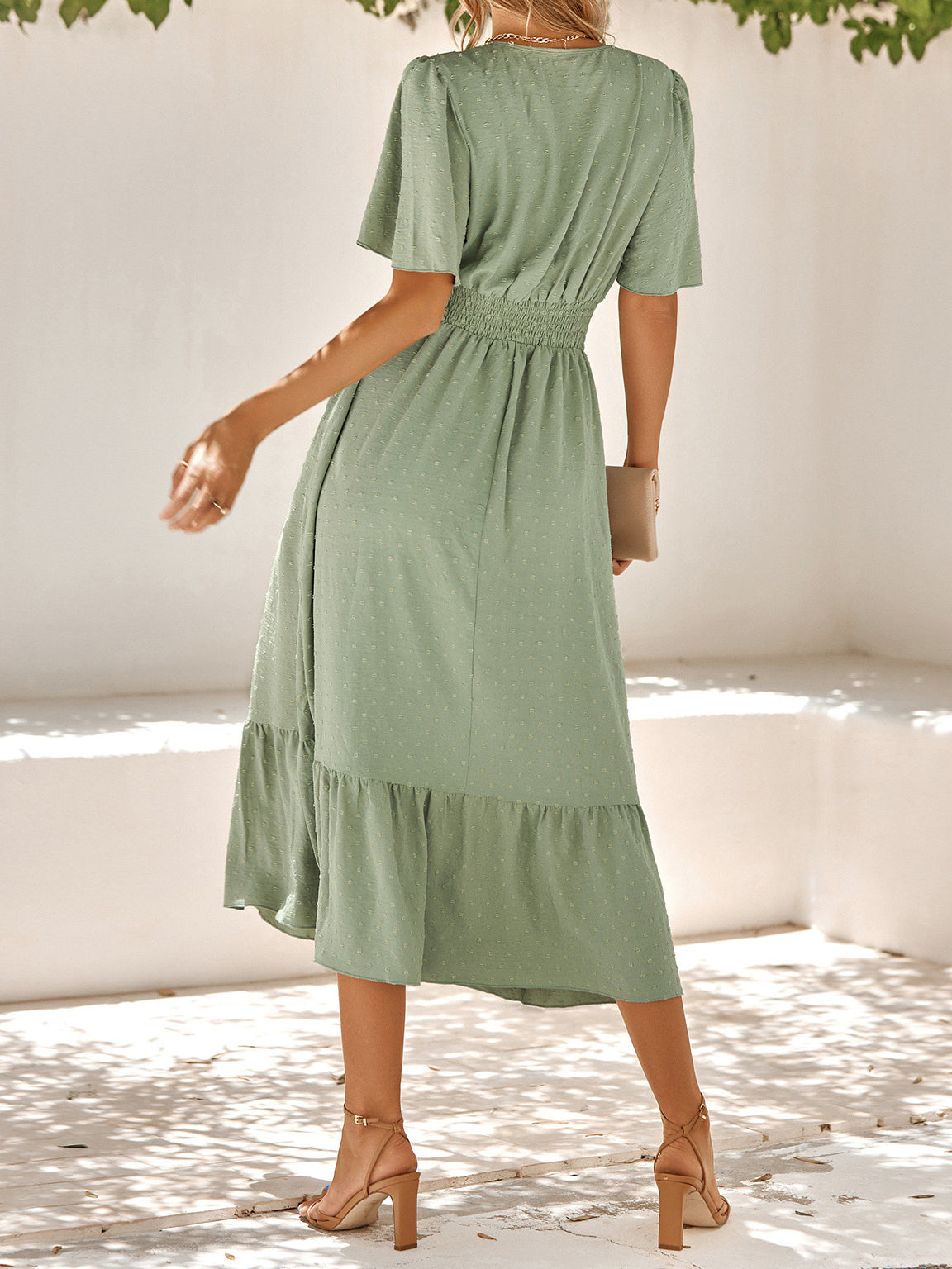 V Neck Ruffle Sleeve Solid Color Maxi Dress