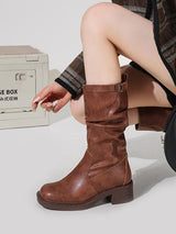 Solid Color Plarform Cowboy Mid-Calf Boots