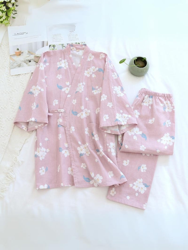 Tie Up Floral Printed Cotton Pajama Set