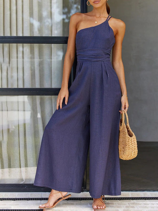 Lined Solid One Shoulder Jumpsuits