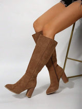 Solid Color Suede Block Knee High Boots