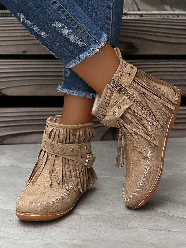 Vintage  Studded Fringe Buckle Boots