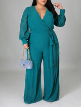 V Neck Solid Color Tie Up Jumpsuits