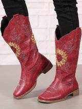 Vintage Embroidered Block Heel Mid-Calf Boots