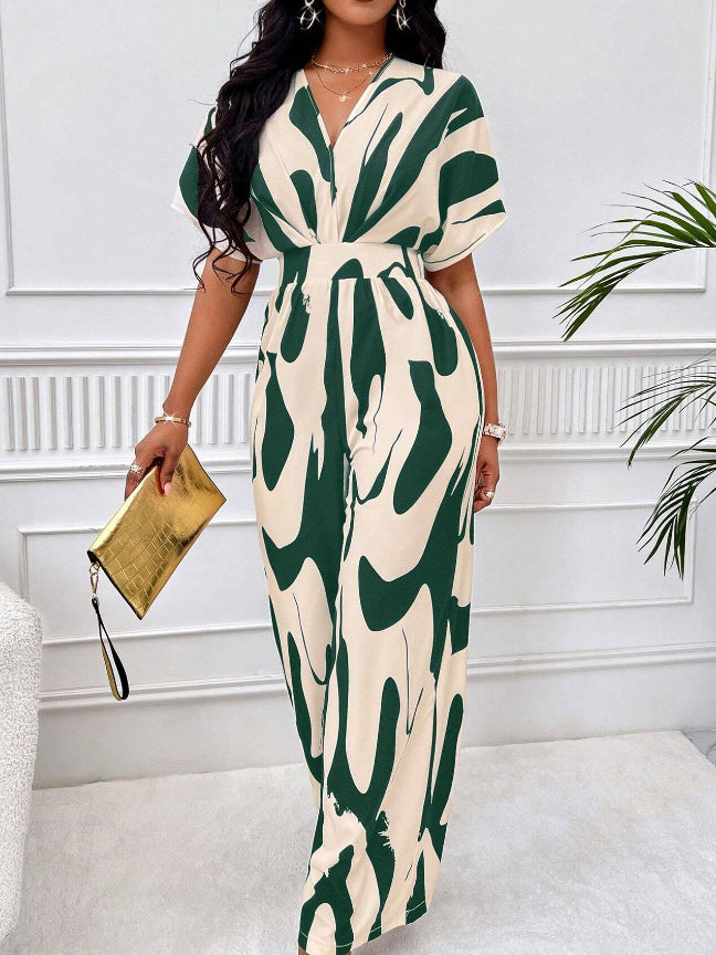 Printed High Waist V Neck Jumpsuits