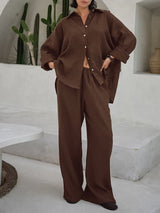 Solid Color Cotton Shirt & Long Pant Set