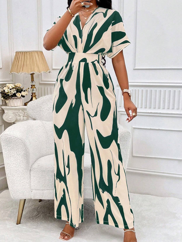 Printed High Waist V Neck Jumpsuits