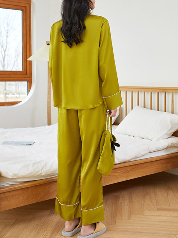 Satin Solid Color Shirt Pajama Set