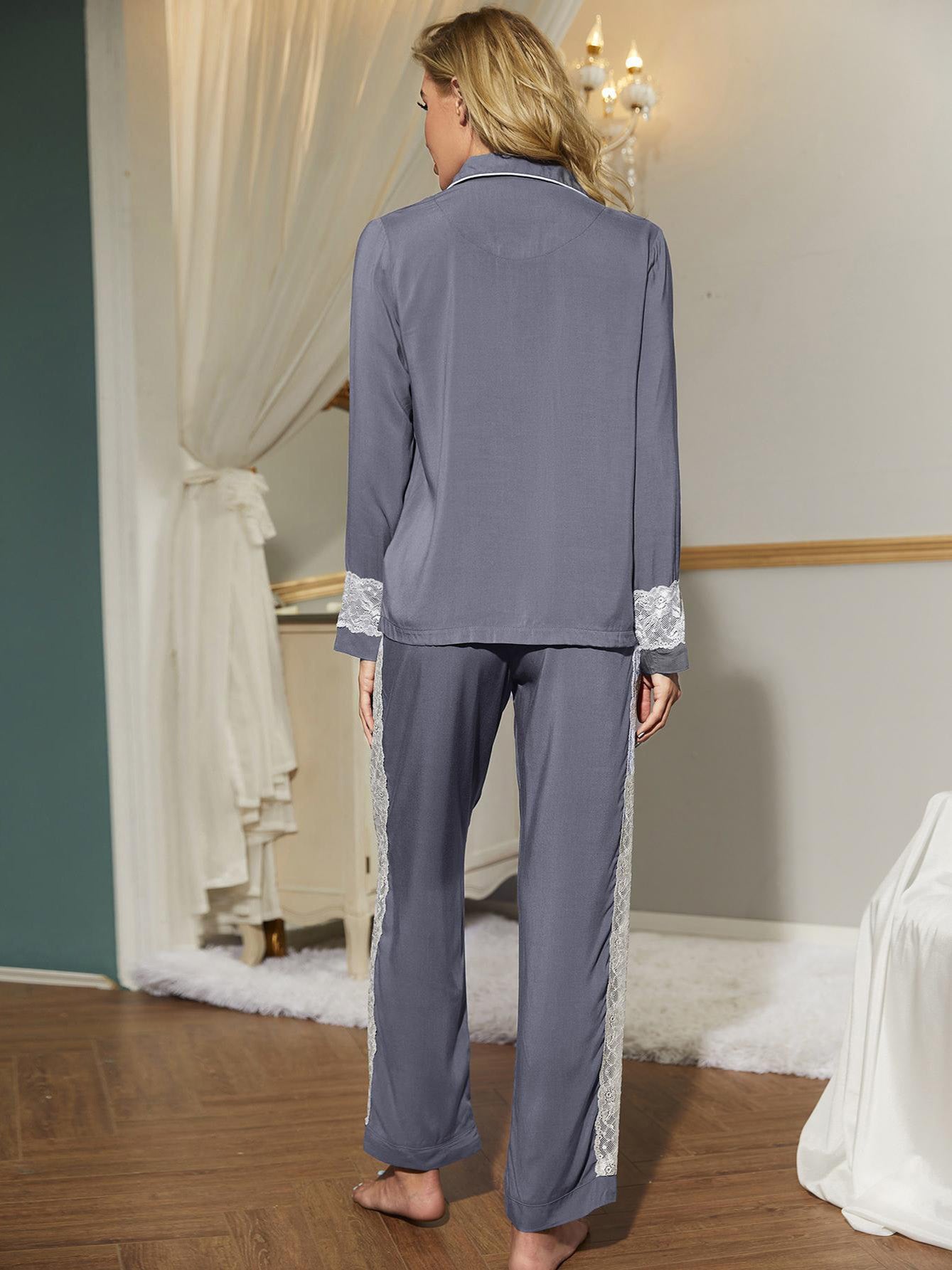 Lace Patchwork Shirt Pajamas Set