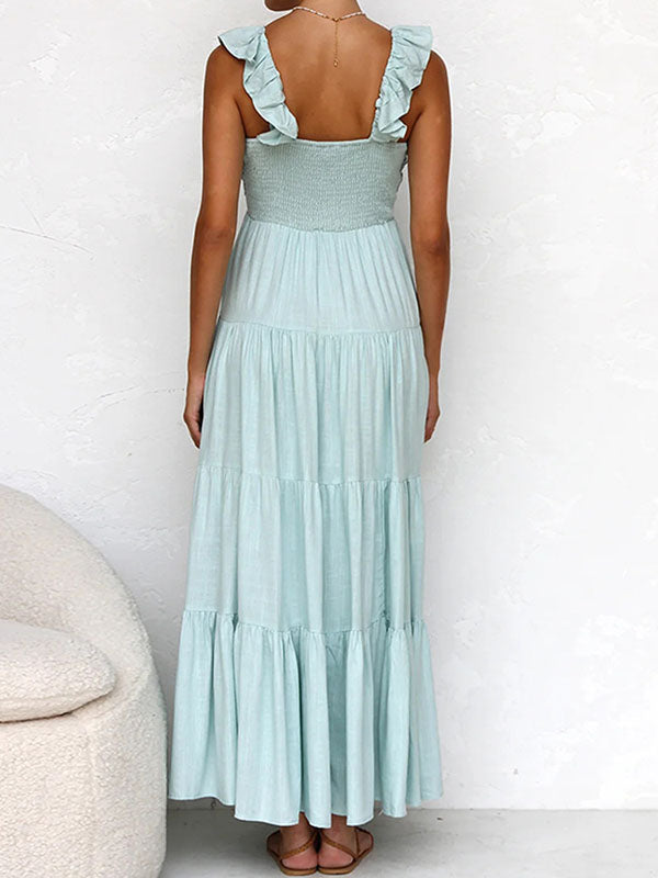 Ruched Sleeveless Solid Tiered Maxi Dress