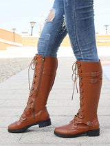 Solid Color Buckle Tie Up Knee High Boots