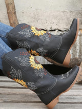 Vintage Embroidered Block Heel Mid-Calf Boots