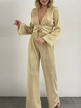 V Neck Puff Sleeve Top & Wide Leg Pant Set