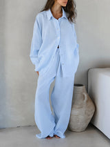 Solid Color Cotton Shirt & Long Pant Set