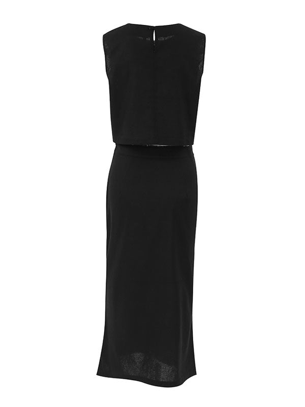 Black Sleeveless Linen Tank Top & Skirt Set