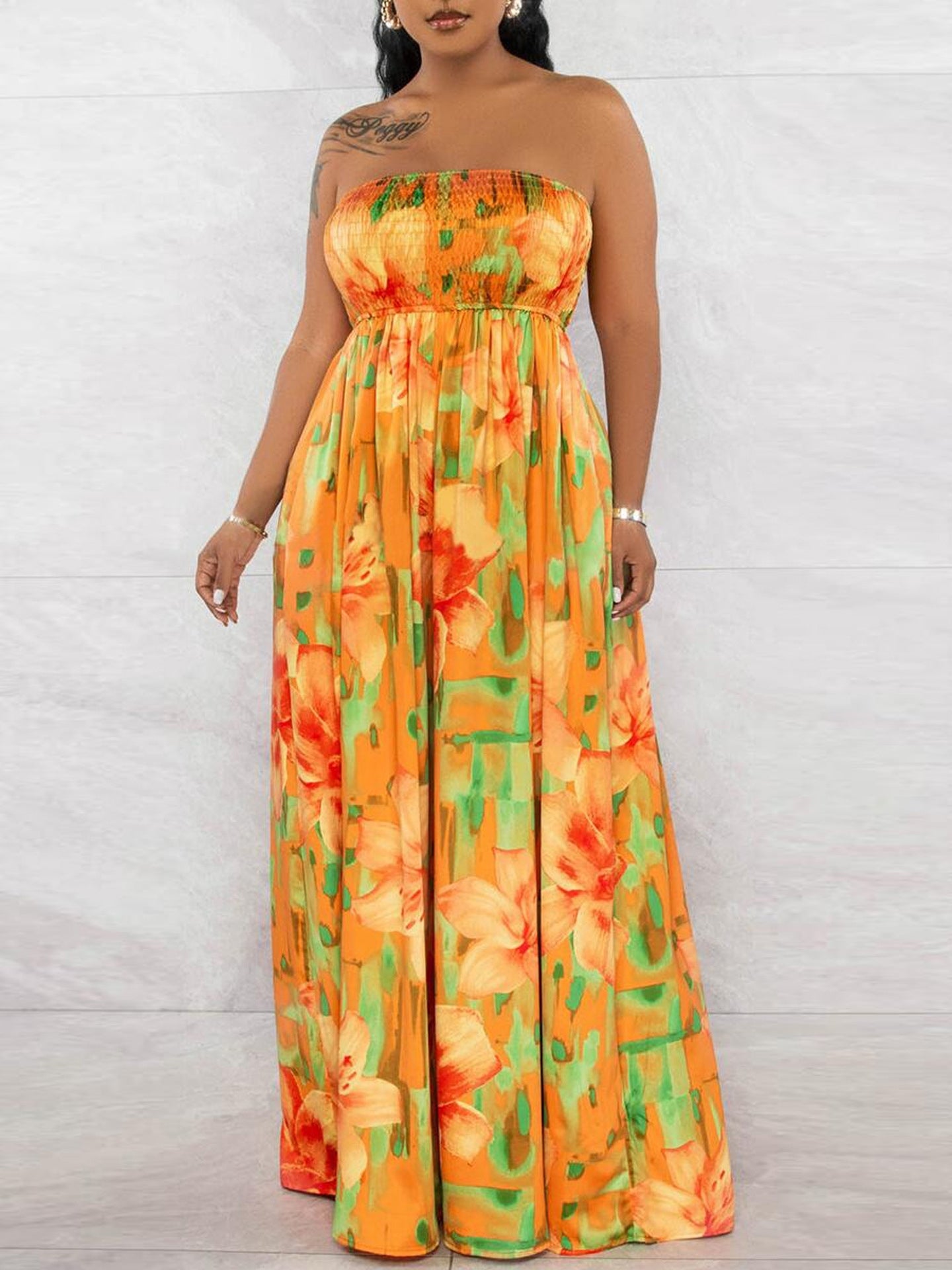 Printed Strapless Wide Leg Jumpsuit