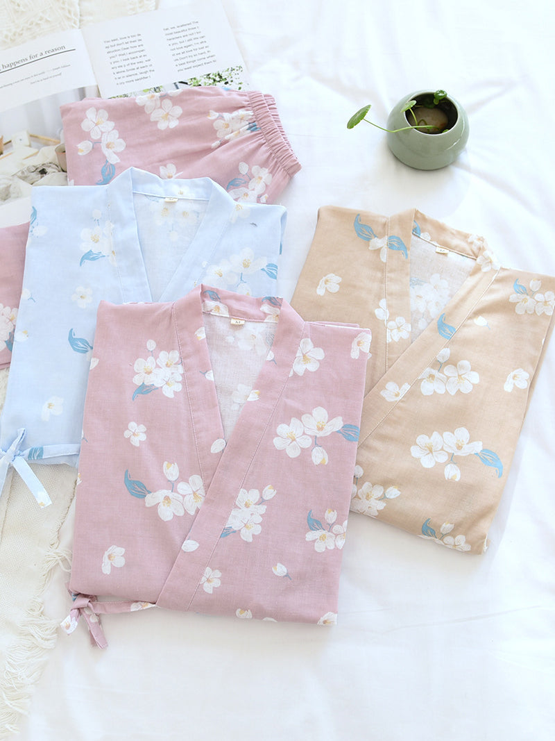 Tie Up Floral Printed Cotton Pajama Set