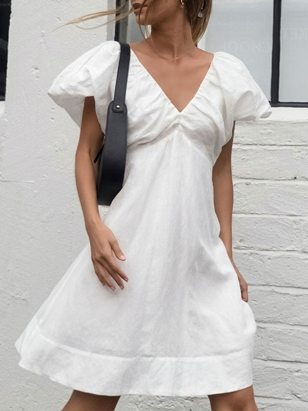 Cotton White V-Neck Puff Sleeve Mini Dress