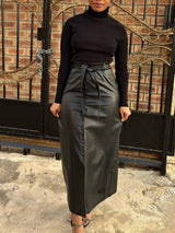 Tie Up Slit Button PU Maxi Skirts