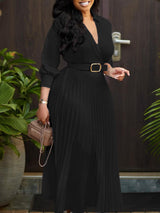 Lapel Pleated Solid Color Maxi Dress