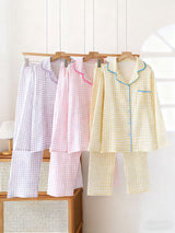 Cotton Shell Embroidery Trim Plaid Pajama Set