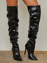Pleated Leather Thigh High Boots
