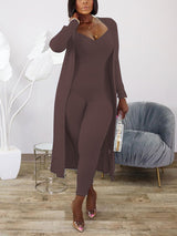 2Pcs Solid Color Jumpsuit & Cardigan