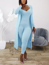 2Pcs Solid Color Jumpsuit & Cardigan