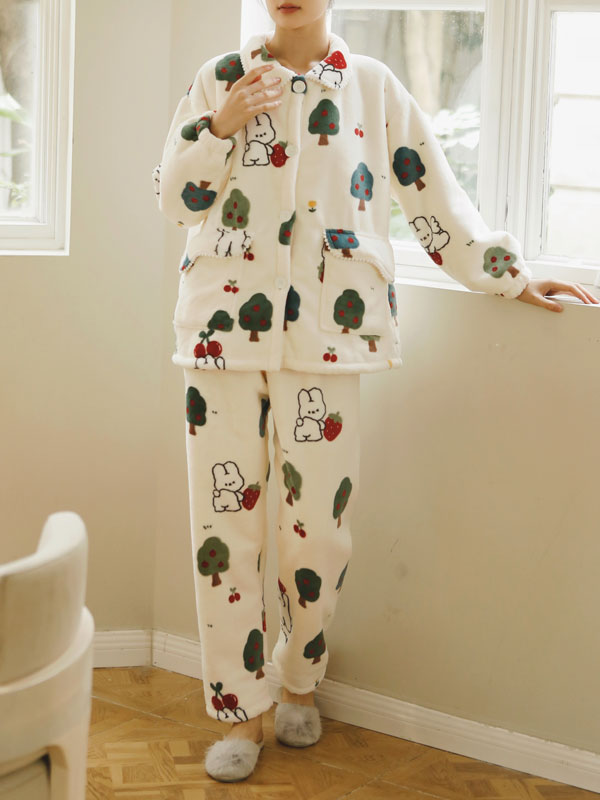 Christmas Rabbits & Trees Printed Flannel Pajamas