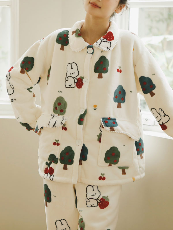 Christmas Rabbits & Trees Printed Flannel Pajamas